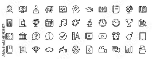 Education and learning line icon set. Vector pictograms of open books, laptop, diploma, microscope, globe, calendar, calculator, and presentation, thin linear illustration.