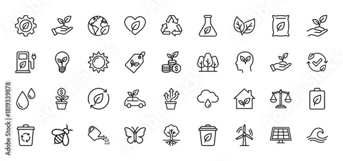 Ecology line icon set. Vector pictograms of leaves, recycling, earth, solar panels, wind turbine, eco car, battery, watering can, bee, butterfly, thin linear illustration.