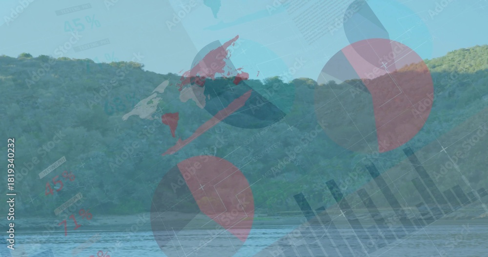 Obraz premium Blending riverside and forested ridge with translucent pie charts, bar chart, world map overlays