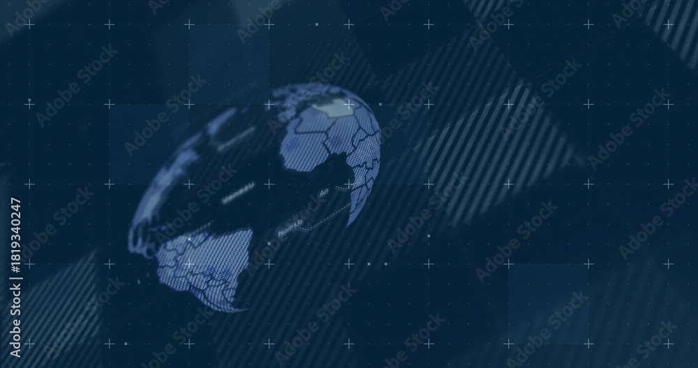 Obraz premium Rotating stylish globe showing hex overlay and map labels in broadcast UI, dotted grid, crosshairs