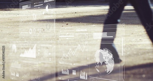 Walking legs casting long shadows on pavement, dark pants, HUD floating, debris, copy space