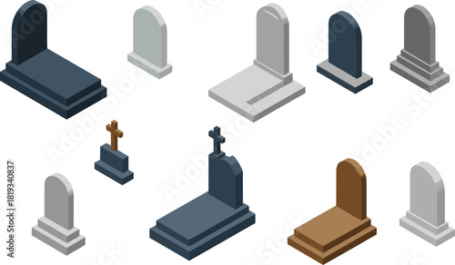 Set of isometric gravestone and tombstone illustrations, cemetery headstones collection in various styles and colors for Halloween or memorial design