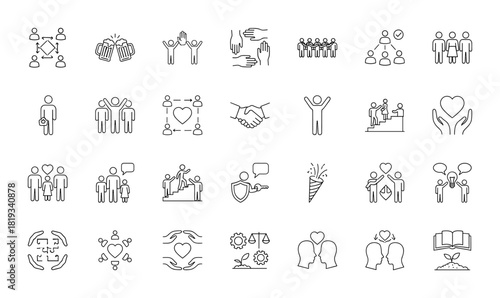 Human relations and social interaction line icon set. Vector pictograms of teamwork, partnership, family, community, growth, celebration, and care, thin linear illustration.