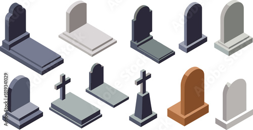 Set of isometric gravestone and tombstone illustrations, cemetery headstones collection in various styles and colors for Halloween or memorial design