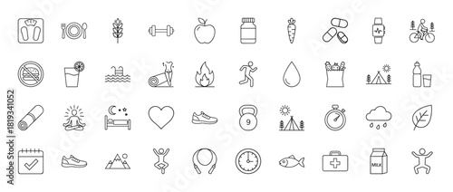 Healthy lifestyle line icon set. Vector pictograms of apple, running, bicycle, yoga mat, water bottle, kettlebell, meditation, heart, and first aid kit, thin linear illustration.