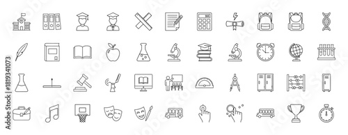 Education line icon set. Vector pictograms of school, student, books, microscope, diploma, calculator, and abacus, thin linear illustration.