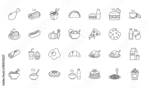 Food line icon set. Vector pictograms of hamburger, steak, pizza, noodles, coffee, salad, pie, cake, and popcorn, thin linear illustration.