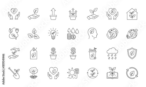 Environmental line icon set. Vector pictograms of plants, hands, earth, leaves, eco-energy, recycling, nature protection, and sustainable living, thin linear illustration.