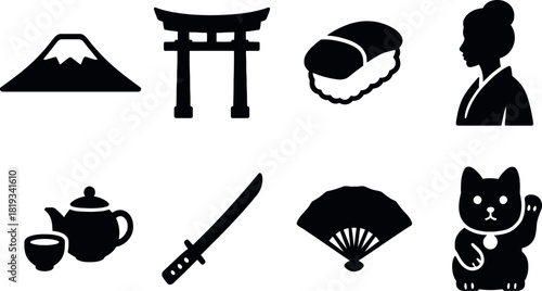 Japanese cultural icons silhouette set culture mount fuji