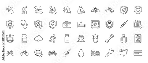 Insurance and security line icon set. Vector pictograms covering health, property, travel, auto, finance, and personal safety, thin linear illustration.