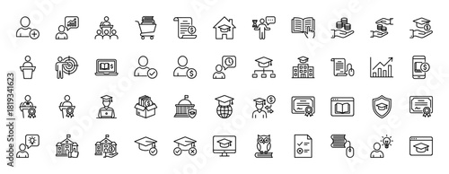 Education and financial aid line icon set. Vector pictograms of graduation caps, students, diplomas, university buildings, books, and online learning concepts, thin linear illustration.