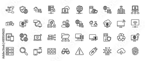 Digital technology and network security vector line icon set, with icons for server, laptop, cloud, data, internet, and privacy.