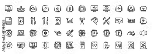 Computer hardware line icon set. Vector pictograms of CPU, RAM, hard drive, monitor, wrench, speed gauge, circuit board, and diagnostics, thin linear illustration.