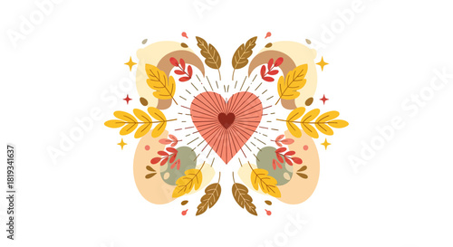 Vibrant Folk Art Heart with Floral and Leaf Motifs.