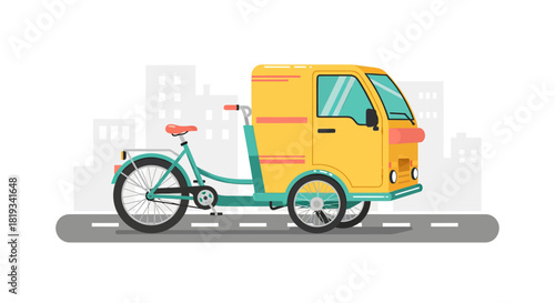 Yellow Delivery Tricycle on City Street.