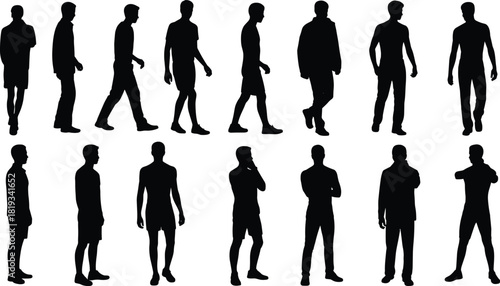 Set of male silhouettes walking and standing, black vector illustration of men in different poses, human figure collection