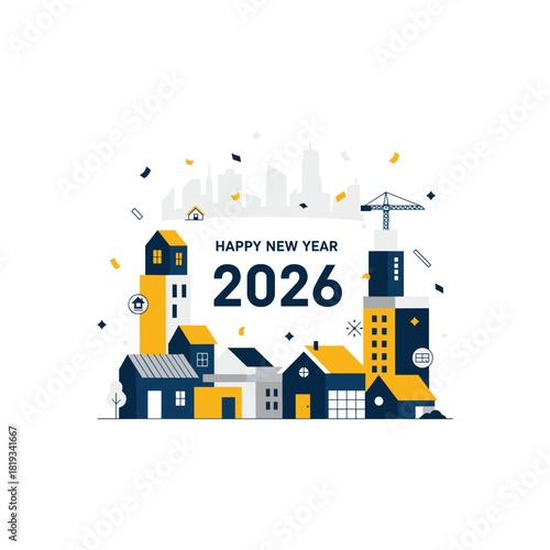 Happy new year 2026 in modern city with buildings and confetti