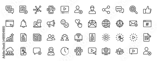 Social media and digital marketing line icon set. Vector pictograms of online chats, user profiles, notifications, web browsing, likes, shares, and analytics, thin linear illustration.