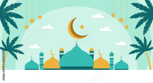 Ramadan Kareem Islamic Celebration with Mosque and Crescent Moon.