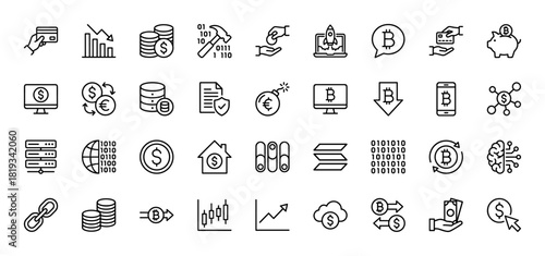 Financial technology and cryptocurrency line icon set. Vector pictograms of cards, coins, bitcoin, charts, database, network, and security, thin linear illustration.