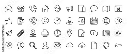 Communication and business vector line icon set. Essential elements like phone, chat, document, user, and more, in a thin line style.