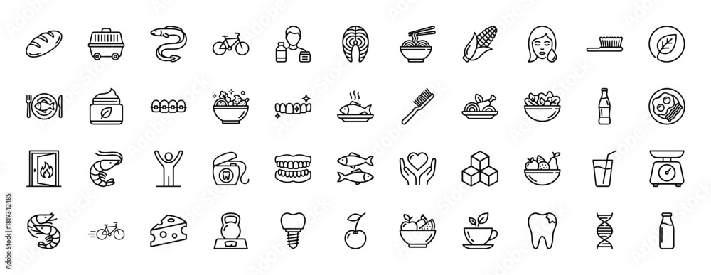 Fototapeta premium Health, nutrition, and dental care line icon set. Vector pictograms of balanced diet, fitness, oral hygiene, and personal well-being, thin linear illustration.