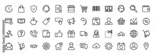 E-commerce and shopping line icon set. Vector pictograms of shopping bag, cart, security, money, delivery, customer support, and business symbols, thin linear illustration.