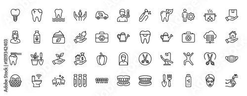 Dental, health, nature, and home line icon set. Vector pictograms of tooth, nurse, plant, watering can, money bag, house, scissors, mask, remote, and braces, linear illustration.
