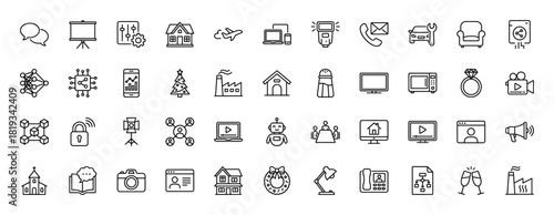 Technology and business line icon set. Vector pictograms of house, laptop, airplane, factory, car, camera, robot, and smartphone, thin linear illustration.