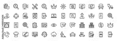 Service line icon set. Vector pictograms of repair, finance, network, marketing, e-commerce, data, support, and transport related concepts, thin linear illustration.