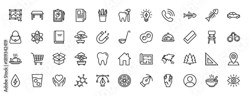 Universal outline icon set. Vector pictograms of clipboard, tooth, atom, phone, car, fish, house, cart, map, and pen tools, thin linear illustration.