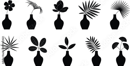 Set of minimalist black and white flower vases with leaves and plants, elegant botanical silhouettes for modern interior design
