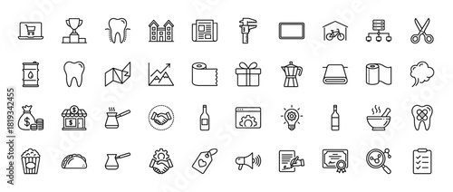 General business and lifestyle line icon set featuring laptop, caliper, newspaper, buildings, trophy, tooth, graph, gift, money bag, handshake, lightbulb, and certificate. Linear vector illustration.