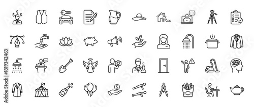 Everyday life and concepts line icon set. Vector pictograms of vest, car, document, lotus, checklist, megaphone, brain, vacuum, and champagne, thin linear illustration.