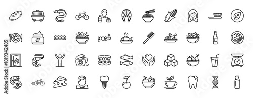 Health, nutrition, and dental care line icon set. Vector pictograms of balanced diet, fitness, oral hygiene, and personal well-being, thin linear illustration.