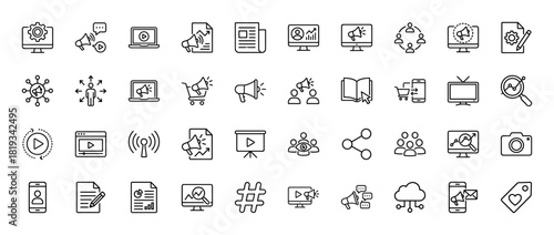 Marketing and advertising line icon set. Vector pictograms of megaphone, document, laptop, monitor, users, shopping cart, play button, smartphone, and analytics, thin linear illustration.