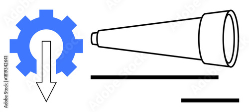 Blue gear with downward arrow next to a telescope, symbolizing process, focus, future goals, strategy, growth planning, technology, innovation. Ideal for vision and goal-setting simple flat metaphor