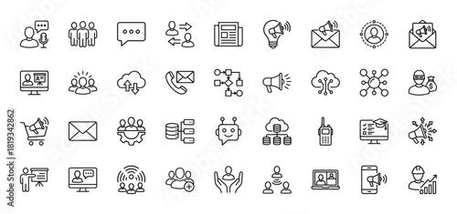 Digital communication and marketing line icon set. Vector pictograms of people interaction, messages, promotions, cloud data, online education, and network connections, thin linear illustration.
