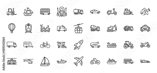 Transportation line icon set. Vector pictograms of vehicles including airplane, train, bus, ship, car, motorcycle, bicycle, and ambulance, thin linear illustration.