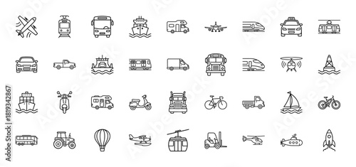 Transportation line icon set. Vector pictograms of airplane, tram, bus, ship, car, train, truck, boat, bicycle, scooter, helicopter, submarine, rocket, and cable car, thin linear illustration.