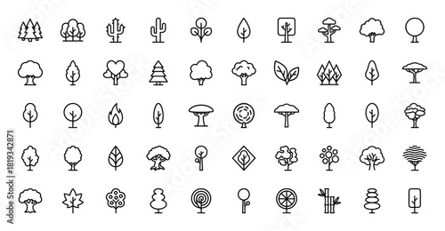 Nature tree line icon set. Vector pictograms of diverse tree types, including conifer, deciduous, cactus, bamboo, and leafy plant forms, thin linear illustration.
