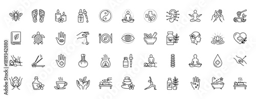 Wellness and alternative medicine line icon set. Vector pictograms of meditation, herbal remedies, massage, acupuncture, yoga, relaxation, and natural healing practices, thin linear illustration.