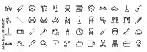 Work and tools line icon set. Vector pictograms of cement mixer, saw, crane, hammer, drill, hard hat, ladder, meeting, and cleaning cart, thin linear illustration.