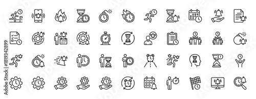 Productivity and time management line icon set. Vector pictograms of clocks, hourglasses, calendars, alarms, checklists, running persons, smartphones, and gears, thin linear illustration.