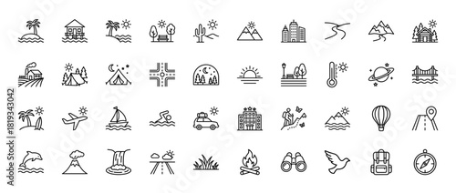 Travel and adventure line icon set. Vector icons depicting diverse travel destinations, nature, transportation, and outdoor recreation. Thin linear design.