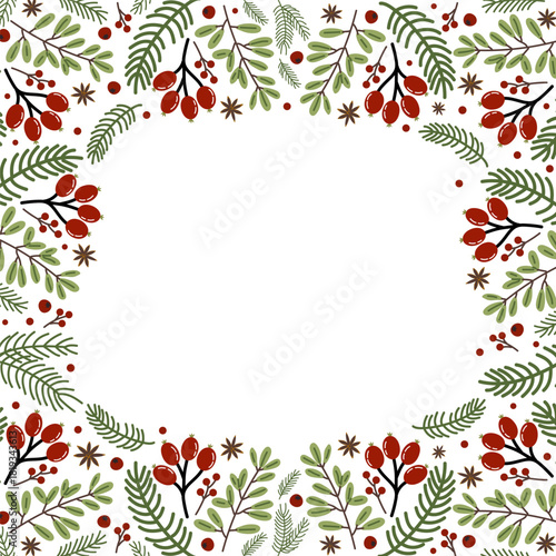 Floral frame with red berries and green leaves for seasonal decorations and invitations
