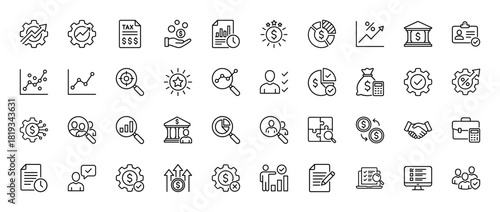 Business and finance line icon set. Vector pictograms of tax documents, money, charts, graphs, gears, banking, analysis, planning, and strategy, thin linear illustration.