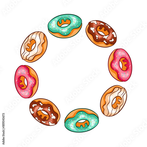 Wreath with glazed donut with various topping, pink, chocolate and mint green frosting with sprinkles in cartoon.