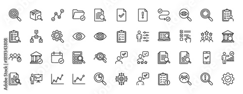 Business analysis and quality control icon set. Vector pictograms of documents, magnifying glass, checklists, gears, flowcharts, charts, people, eye, thin linear illustration.