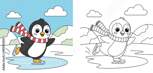 Cute cartoon penguin ice skating on frozen pond coloring book page. Vector illustration of happy bird character in winter scarf for kids education